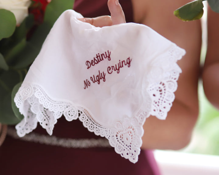 Bridesmaid Keepsakes: Personalized Embroidered Lace Handkerchiefs